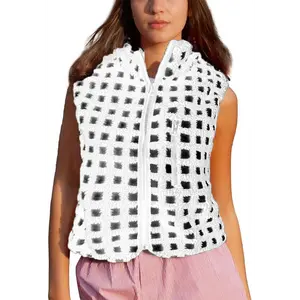 Women’s Fuzzy Checkered Vest Sleeveless Stand Collar Zip Up Vest Jacket Winter Warm Outwear