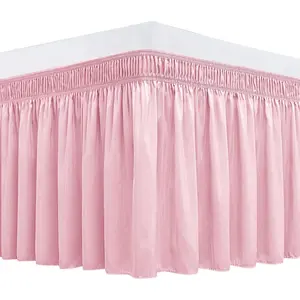 Wrap Around Bed Skirts for Queen Beds 15" Drop, Pink Elastic Dust Ruffles Wrinkle & Fade Resistant Luxurious Machine Washable