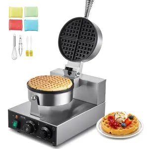 VEVOR Commercial Waffle Maker, 1230W Round Waffle Baker Machine, Non-Stick Stainless Steel Belgian Waffle Iron with Temperature and Time Control, Handle, for Restaurant Bakery Snack Bar Family
