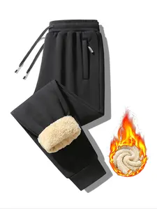 Men's Winter Casual Fleece Pants, Warm Lamb Wool Long Trousers, Drawstring Skinny Fit, Zipper Pockets, Versatile Winter Men's Pants, Casual Fitted Bottoms, Casual Street Pants