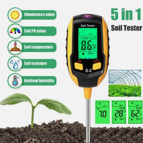 SJPACK 5 In 1 Backlighted LCD Digital Soil pH Meter Tester - Soil Testing Kit with 8.07in Probe, Pocket-Size Tool, 10s Results for Quick Decisions, 10-Second Results Speed Garden Care, AAA Battery-Operated