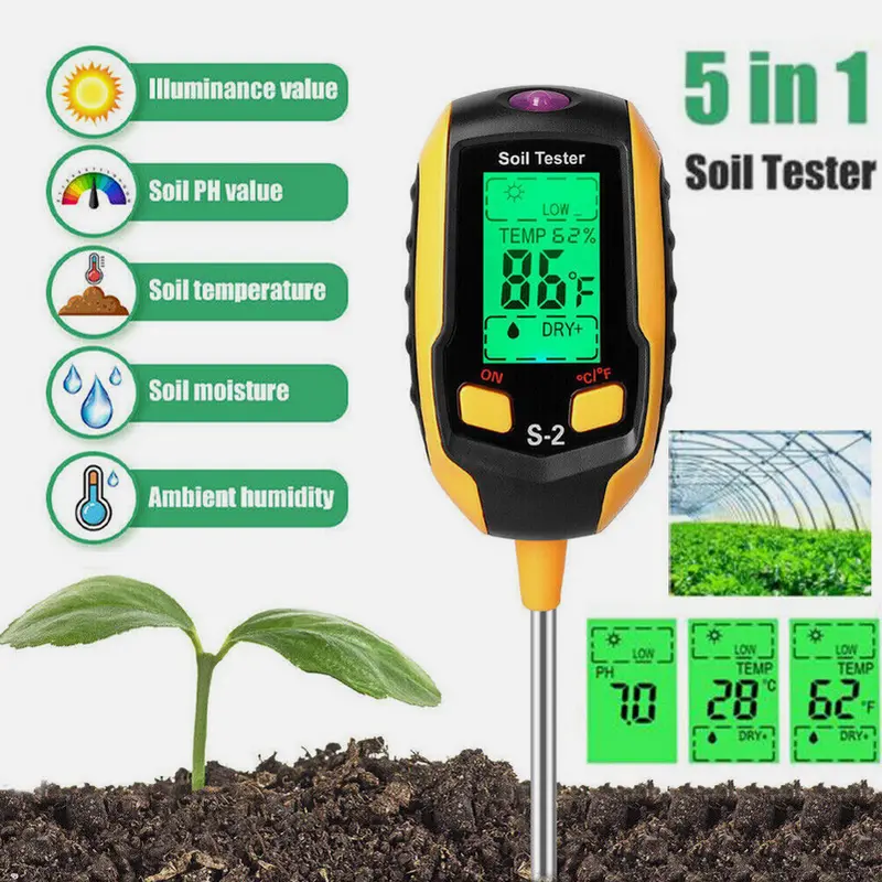 SJPACK 5 In 1 Backlighted LCD Digital Soil pH Meter Tester - Soil Testing Kit with 8.07in Probe, Pocket-Size Tool, 10s Results for Quick Decisions, 10-Second Results Speed Garden Care, AAA Battery-Operated