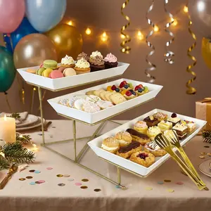3-Tier White plastic Serving Tray with Gold Stand, Multi-Functional Display and Dessert Server Set with Tongs, Elegant Buffet and Party Platter for Snacks, Fruits, Appetizers
