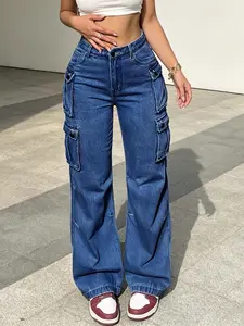 Women's Plus Size Workwear Pocket Denim Straight Leg Pants, Button Closure Design, Fashion Street Style Jeans, Casual Wear
