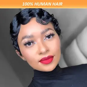 1pc Women'S Chic Retro Finger Wave Pixie Cut Wig - 4-Inch Deep Ocean Wave, Glueless Human Hair, Rose Net Cap, 150% Density, Basic Style for Daily & Festival Wear - Black