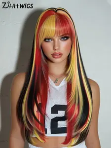 Black Red & Gold Wigs for Women 26 Inch Long Straight Wig with Bangs Synthetic Heat Resistant Wig for festival Fan Zone Support Synthetic Straight Hair