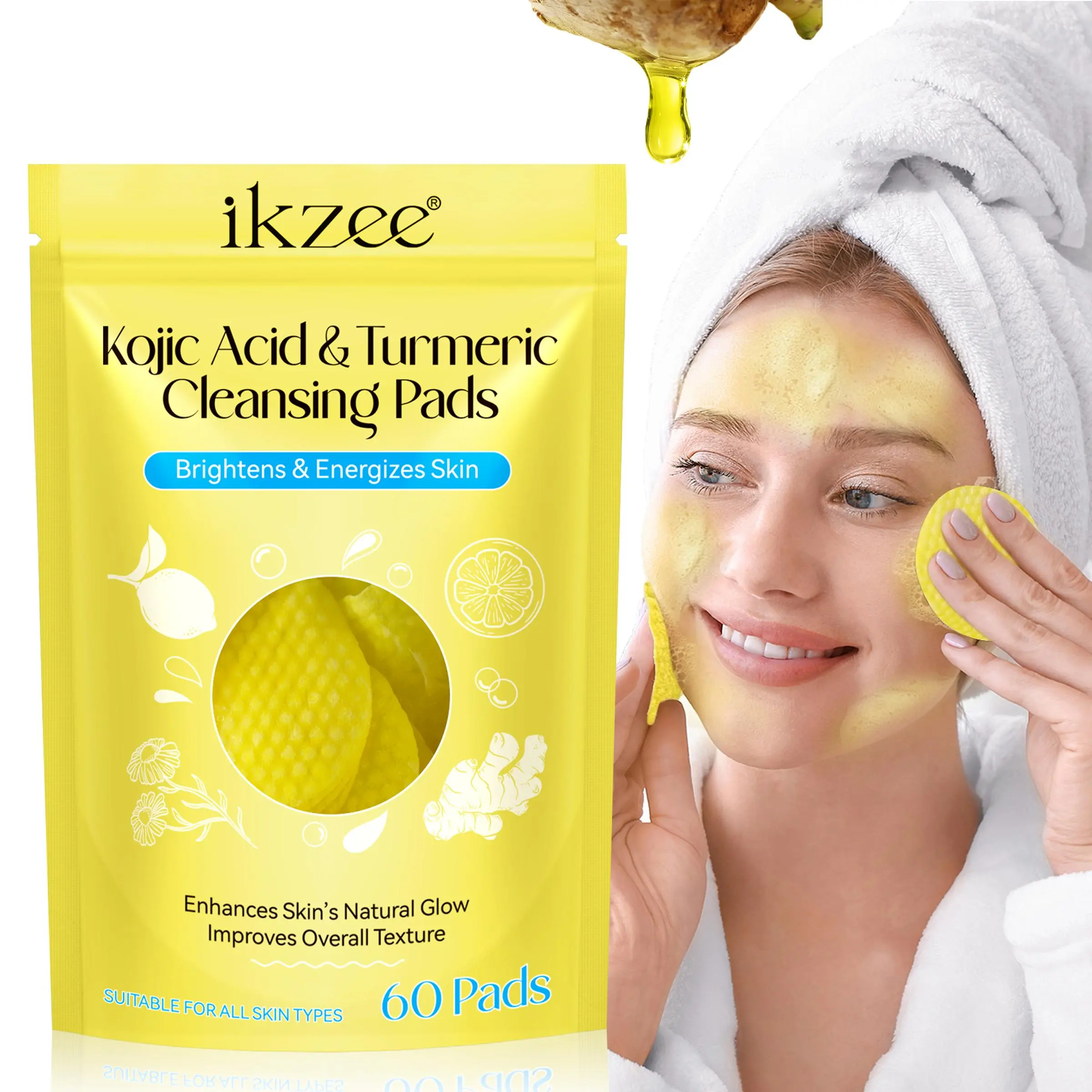 IKZEE Kojic Acid&Turmeric Cleansing Tablets Skin Care Cleanser 60 tablets 1 bag, deep cleans skin impurities, tightens and brightens skin, cleansing tablets, daily facial cleansing tablets