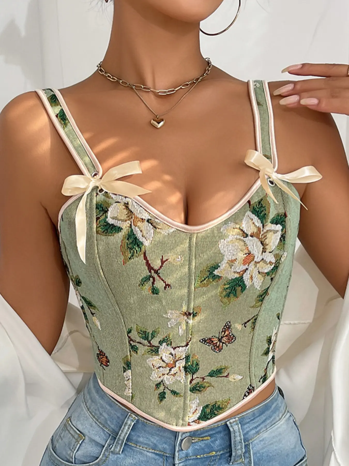 Women's French Style Floral Shaping Vest, Bow Tie Design, Adjustable Strap, All over Print, Sleeveless Slimming Top, All Seasons, Underwear, Floral Bustier, Floral Tank Tops, Body Shaper Camisole, Underbust Faja