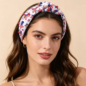 US Independence Day Flag Headband, Pearl Rhinestone Knot Headband with Star and Stripes Pattern, a hair accessory for women's Independence Day holiday party decoration