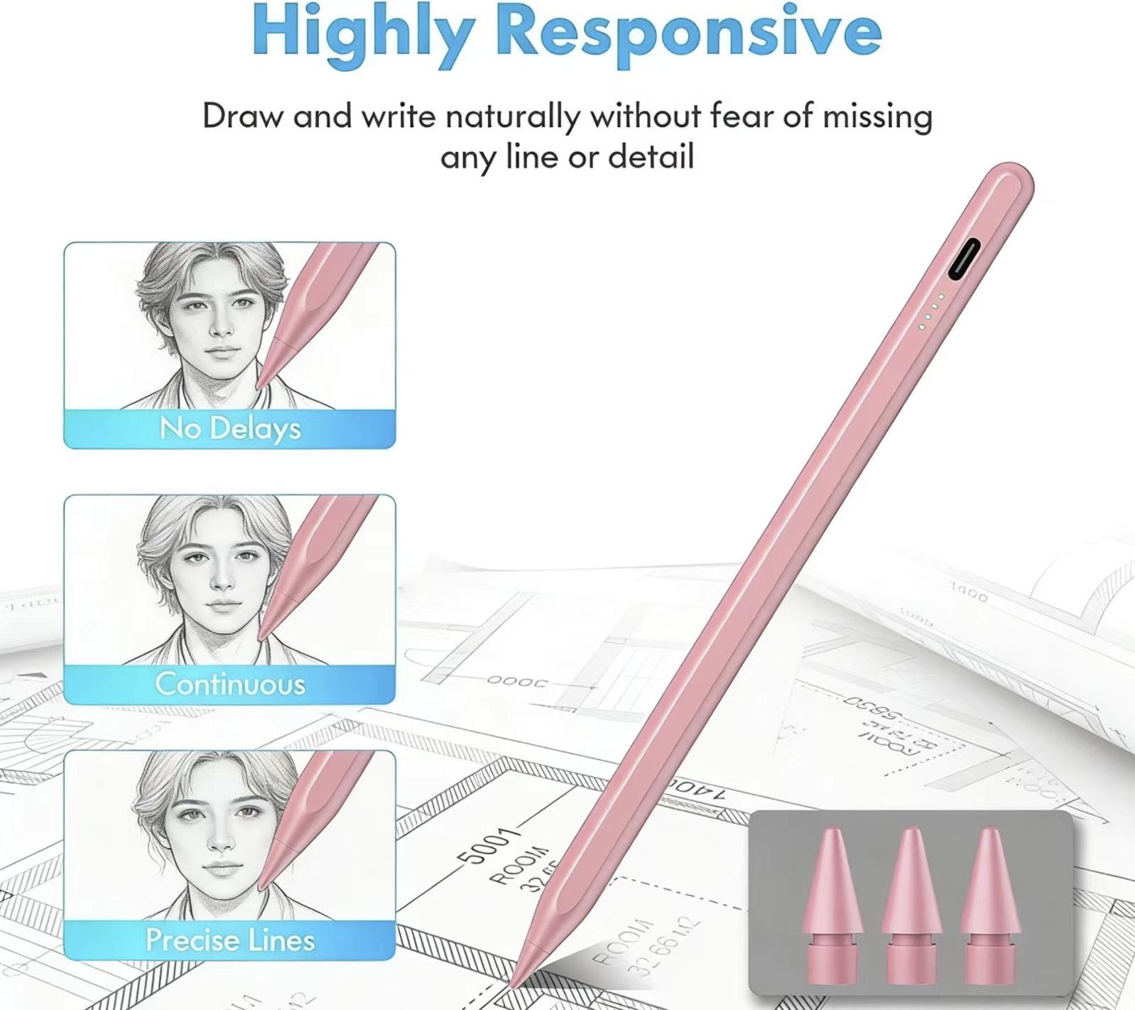 Fast Charging Active Stylus Pen for iPad, Palm Rejection Tilt Sensitivity High Precision Apple Pencil Replacement for iPad Pro/Air/Min  PINK