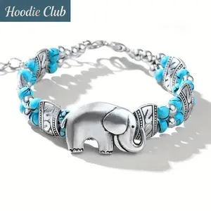 Bohemian Elephant Charm Bracelet for Women Vintage Turquoise Beaded Bracelet Handmade Retro Jewelry Gift for Daily Wear