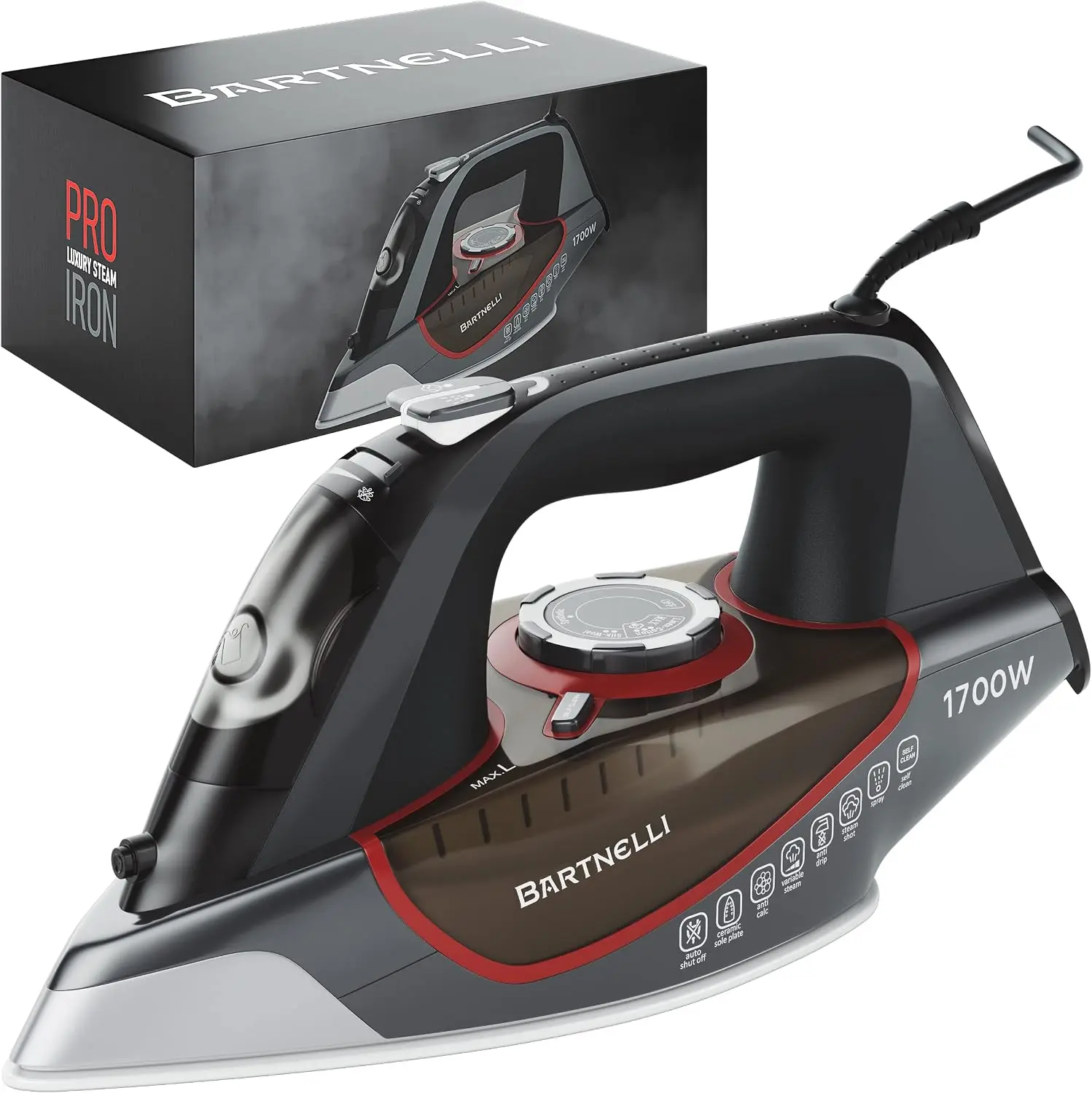 Bartnelli Pro 8020RD Luxury Clothes Steam Iron - 1700-Watt Advanced Steam Technology Household Appliance