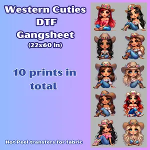 G26 Western Chibi Girls / Vaqueritas Hot Peel DTF Gang Sheet 23x60 Cloth