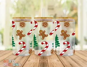Gingerbread & Candy Canes- UV Direct to Film Transfers, 16 ounce Cup Wrap