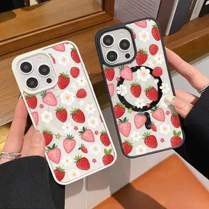 Strawberry Daisy Pattern Magnetic Phone Case Supports Wireless Charging for iPhone 17 16 15 14 Pro Max 13 12 11  XS Plus E Shockproof Non Slip Protection Silicone Transparent Acrylic Cover Cellphone Protective