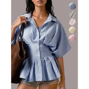 Women’s Striped Shirt, Casual Short-Sleeve Collared Top for Everyday Wear, Ladies’ Clothing for Work, Office, and Business – GARMENTARY