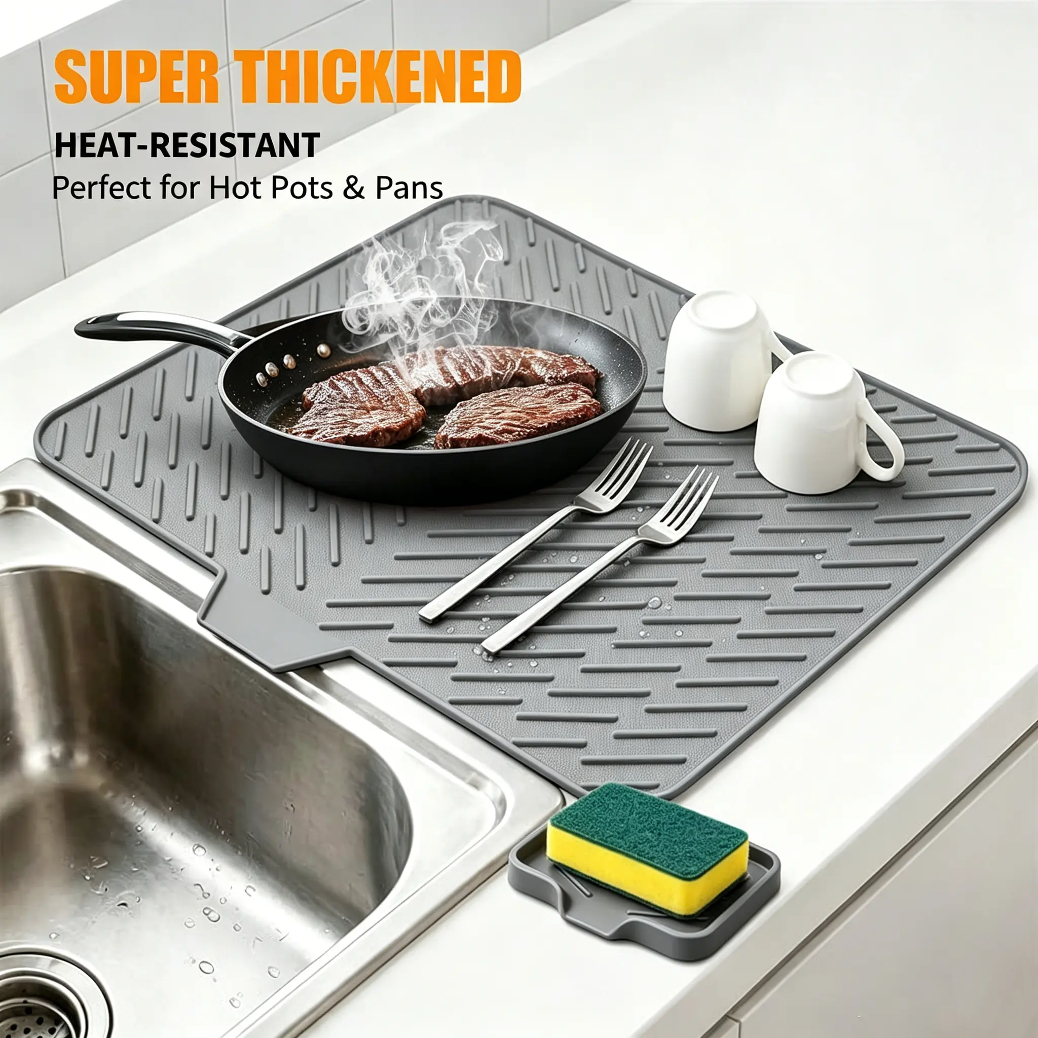2 Pcs Foldable Food-Grade Silicone Dish Drying Mat Set (Small 9.6x5.3in, Large 23x17in) - Non-Slip, Heat-Resistant, Easy-Clean Drain Pad for Countertop Protection, Tableware Drying, Kitchen Sink Faucet Area