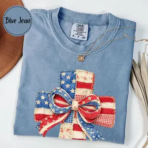 American Flag Cross Comfort Colors Shirt Faux Patchwork USA Christian Tee 4th of July Patriotic Apparel Shirt Faith Inspired Christian Religious T-Shirt