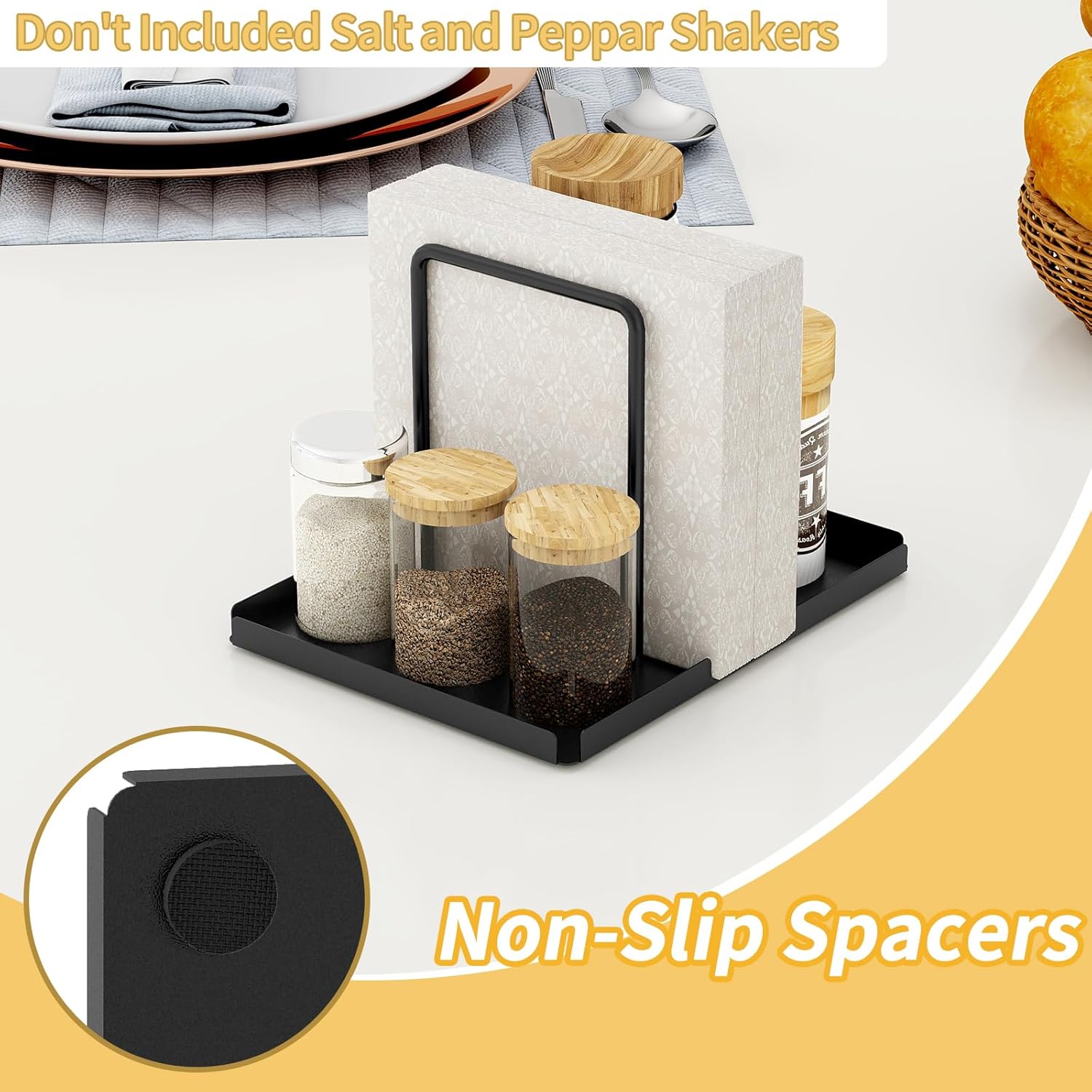Napkin Holder, Metal Napkin Holder for Table with Salt and Pepper Shakers Caddy, Napkin Storage Dispenser for Kitchen Dinner Table and Picnic Decors, Black
