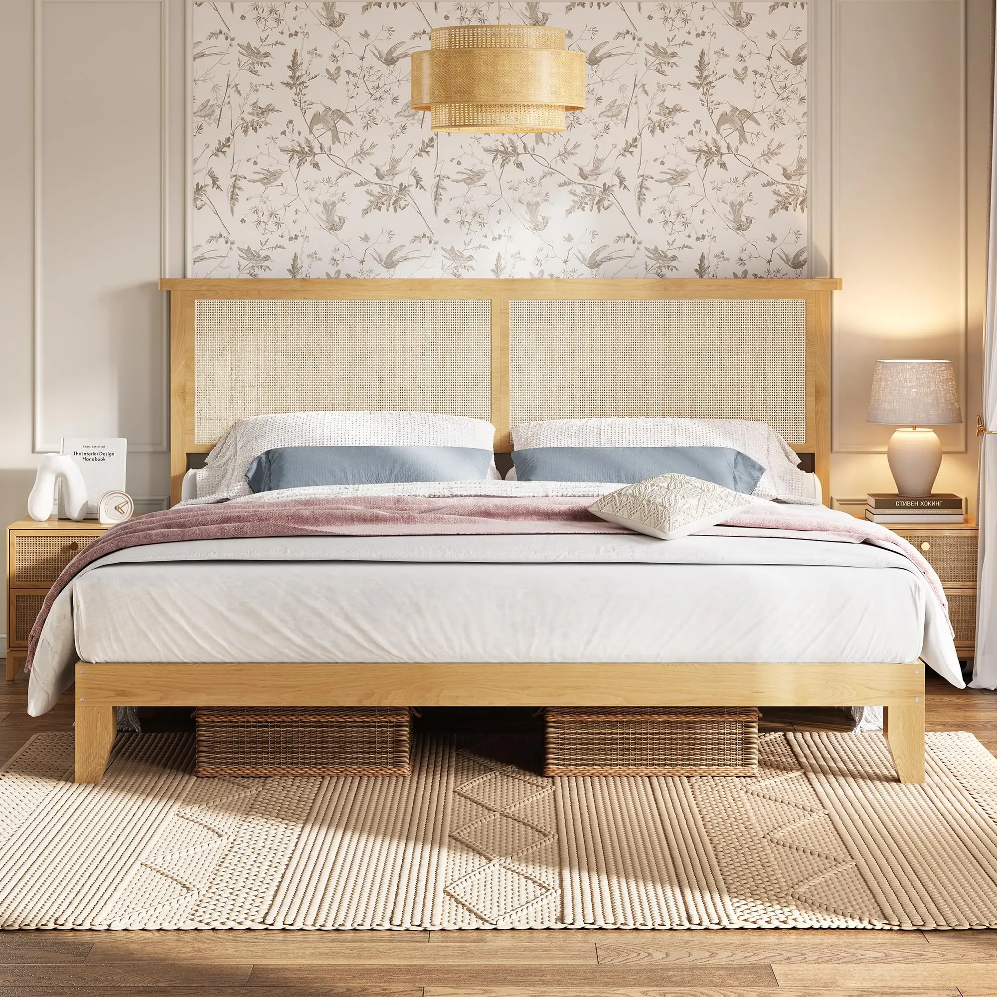 Garvee King Size Rattan Bed Frame - Boho Style for Boho Bedroom & Dream Room, Natural Headboard, LED Lighting, Underneath Storage Space, Sturdy Wooden Slats Support, No Box Spring Needed for Warm and Cozy Atmosphere