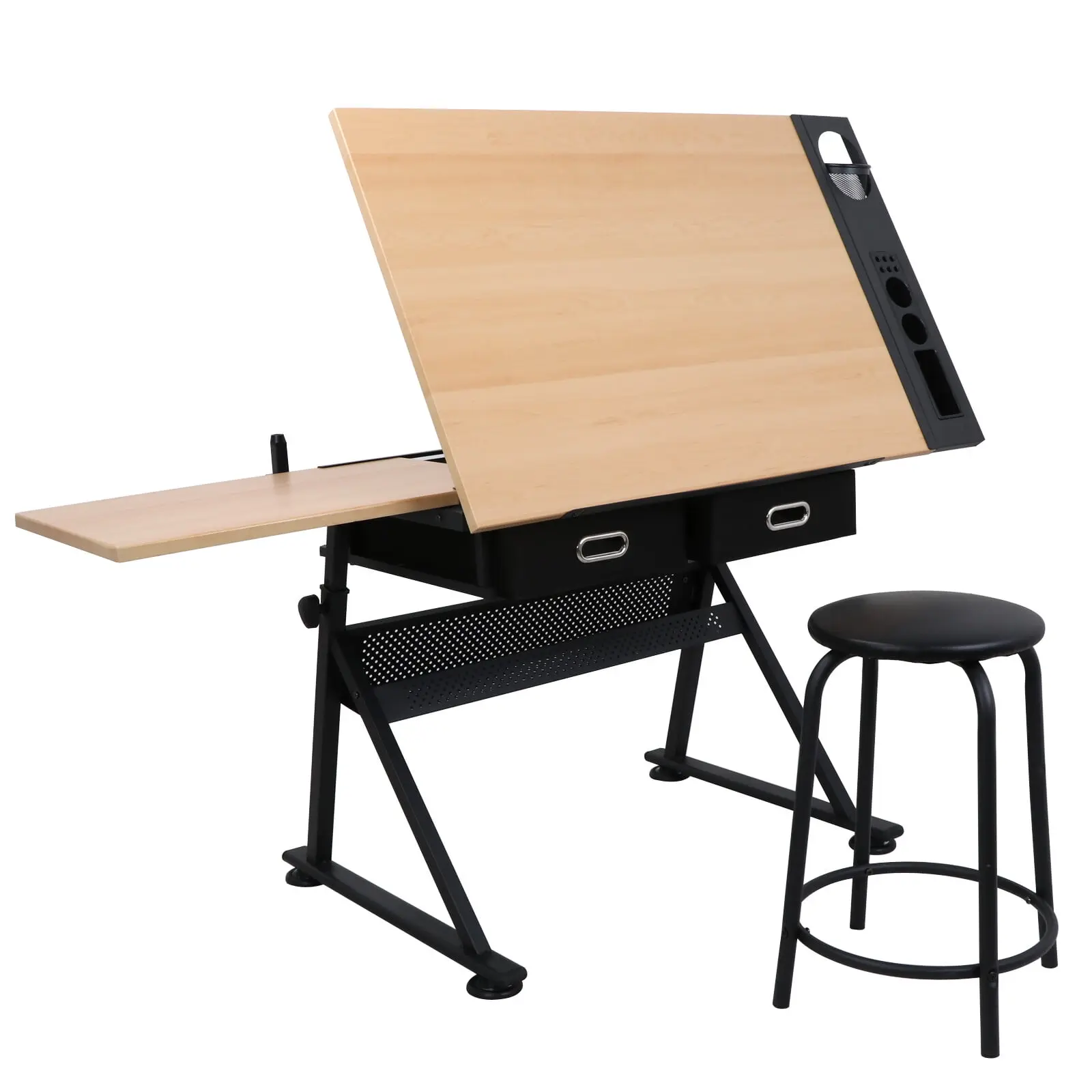 Zeny Sturdy Adjustable Height Drafting Drawing Table Set with Tiltable Tabletop, Storage Drawer Platform, Cushioned Stool, Instructions for Painting, Crafting