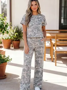 Women's 2 Piece Camouflage Outfits Short Sleeve Knot Top Wide Leg Pants Lounge Set