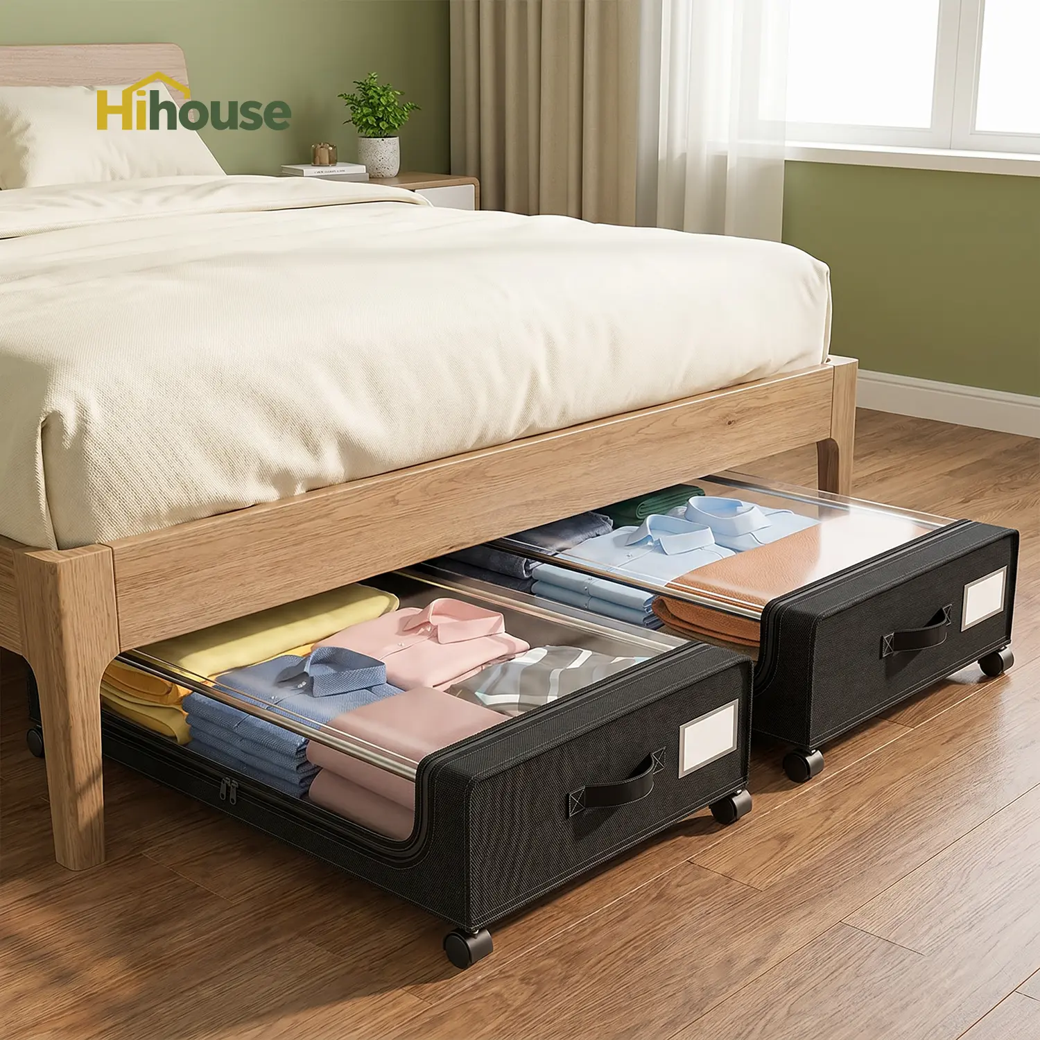 2-Pack Black Fabric-Covered Underbed Storage Containers on Wheels - Space-Saving Duo, Movable Bins, Bed Hacks, Home Bedroom Organizer, Containers for Organizing to Save Closet Space & View Items Easily