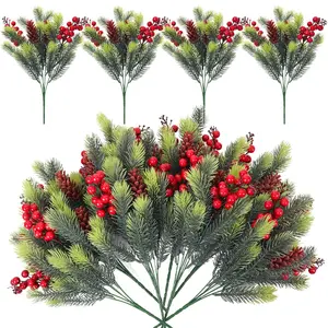 12 Bundles Christmas Artificial Poinsettia Bouquets, Flower, Fake Pine Needle Decorations with Berries, Holiday Home Decoration Gifts