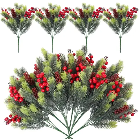 12 Bundles Christmas Artificial Poinsettia Bouquets, Flower, Fake Pine Needle Decorations with Berries, Holiday Home Decoration Gifts