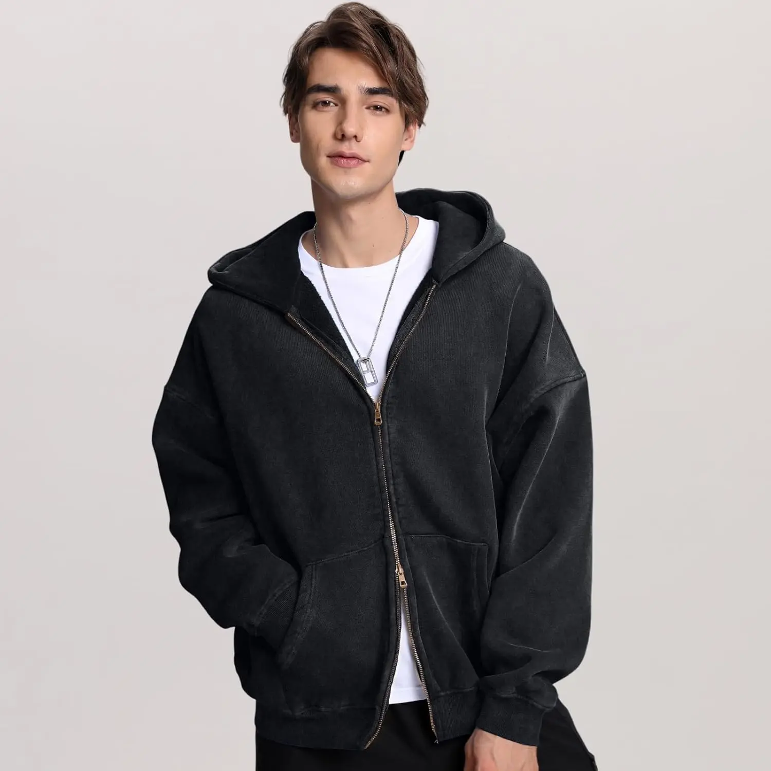 Double Zip Up Hoodie Oversized Acid Wash Heavyweight Fleece Cotton