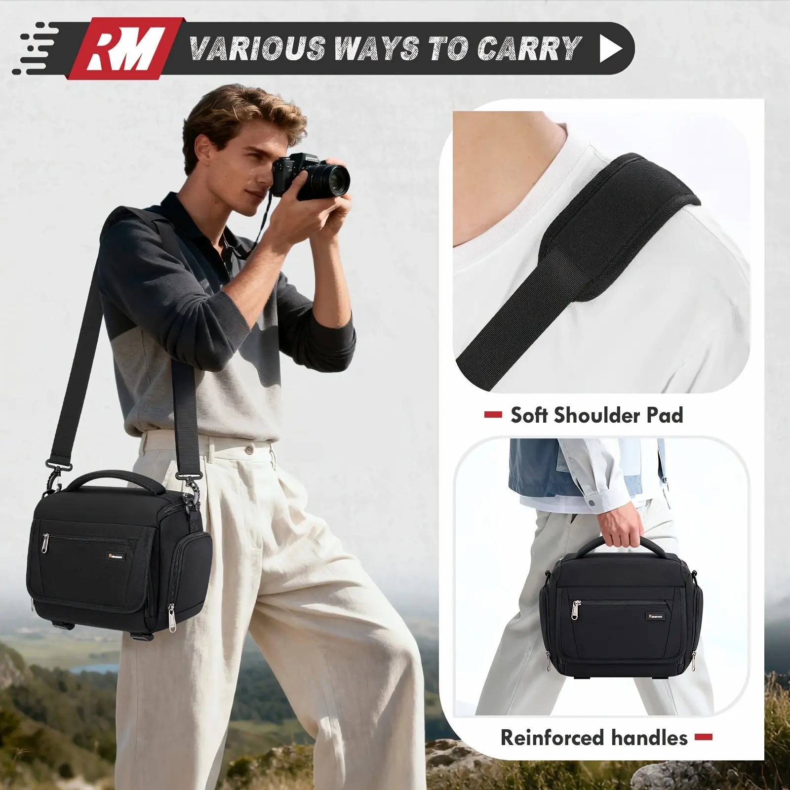 RAINSMORE Camera Bag, Photographer's Dedicated DSLR/Mirrorless Camera Sling Bag, Compact Camera Bag with Tripod Holder And Rain Cover, Suitable for Canon/Nikon/Sony/Fujifilm Cameras, Black