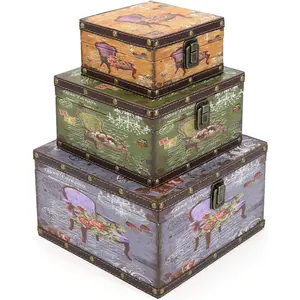Storage Box Set of 3,  Decorative Nesting Boxes Wooden Treasure Storage Crates With Latch,  Decor Rustic Antique Boxes With Lid for Photos, ,  (Chair)