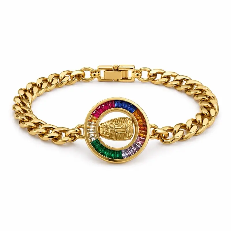 Female Alloy Gold Cuban Link Necklace & Bracelet Set - Timeless Costume Jewelry with Cubic Zirconia, Necklace Chain, Pendant, Choker Accents