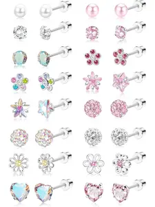 16 Pairs Hypoallergenic Screw Back Earrings for Women Girls Surgical Steel Tiny CZ Pearl Ball Heart Flower Screwback Flat Back Stud Earrings Set 20G