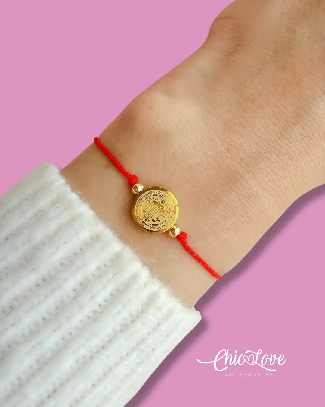 Saint Benedict Red String Bracelet, Adjustable Gold Plated Protection Bracelet