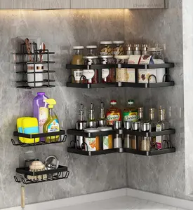 Apartment Accessories 5-Piece Wall Mounted Hanging Shelves,Decor Hangable Ornaments No Drilling Rustproof Organizer Set with Towel Bar,Hooks,Corner Caddy,No-Install Adhesive Storage Rack for Home Kitchen Bathroom Wall Decor, Space Saving Organization