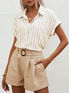 Women's Striped Print Shirt Blouse, Simple Casual Fashion Versatile Style, Summer Everyday and Commute Short Sleeve Top, Womenswear