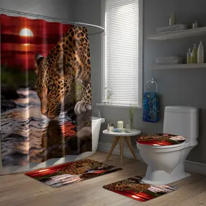 Sunset Moonlight Tiger Leopard Print Shower Curtain Set, Waterproof Polyester Fiber, Easy Installation, Includes Toilet Lid Covers & Non-Slip Mats, Home Decor