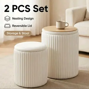 2PCS Round Storage Ottoman Set Upholstered Vanity Stool Hidden Storage Bench Coffee Table Living Room