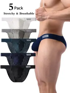 Men's Striped Triangle Briefs, Simple Gradient Colors, High Elastic Breathable Mesh Pouch, Sporty Daily Wear, 5 Pack