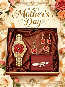 6pcs Mother's Day Gift Set, Luxury Gold Jewelry Watch Box, Watch Necklace Earrings Ring Wallet Kit, Practical High-End Gift for Mom
