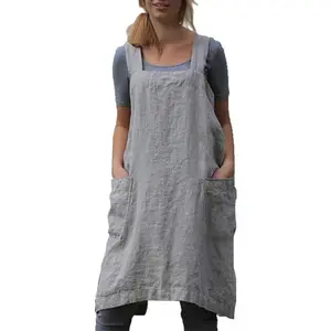 Cotton Linen Apron for women Cross Back Apron Pinafore Dress for Baking Cooking Gardening Work