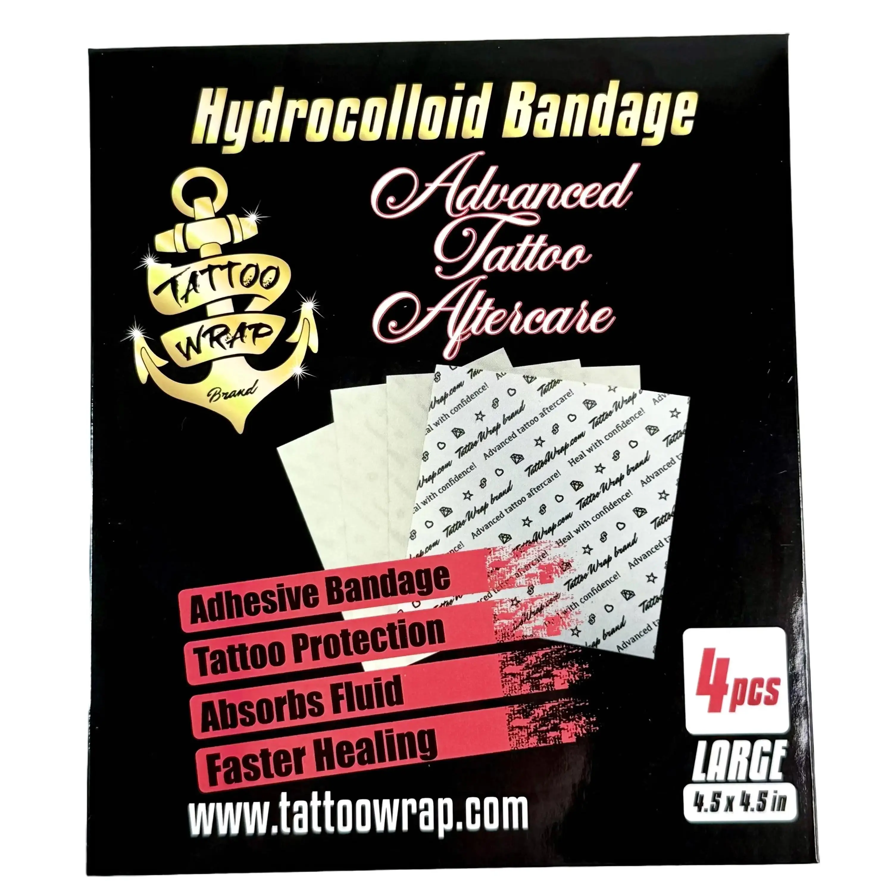 Tattoo Wrap Advanced Hydrocolloid Bandages Large 4.5x4.5in Adhesive Protection Absorbs Fluid Faster Healing 4pcs for Tattoos Water Proof