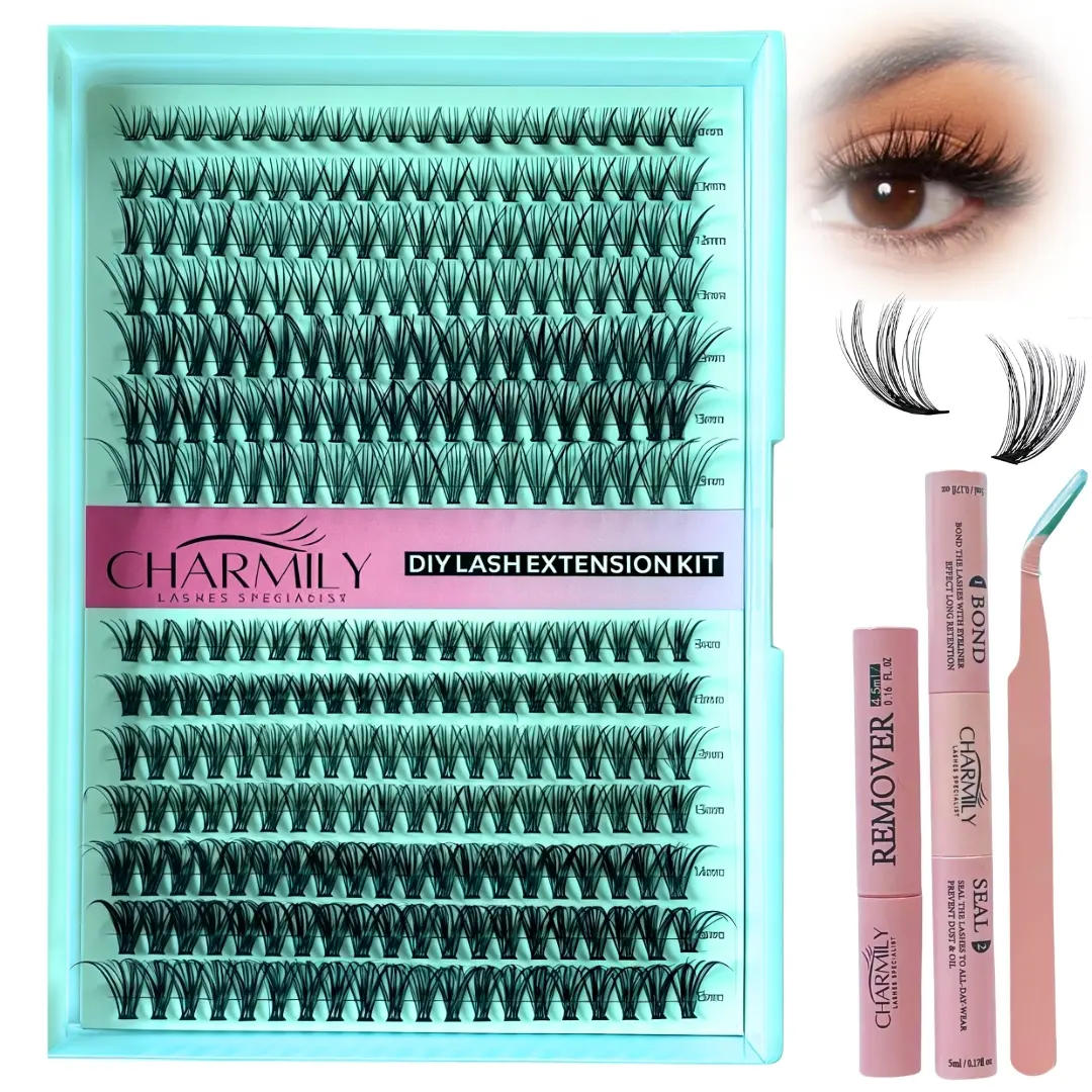 Charmily DIY Lash Extension Kit - 280pcs Cluster Lashes 0.07D 30D&40D Mix, 9-16mm,D Curl Soft Lash Clusters Kit with Bond, Seal, Remover & Tweezers for Easy At-Home Application, eyelash extension kit, lashes kit waterproof