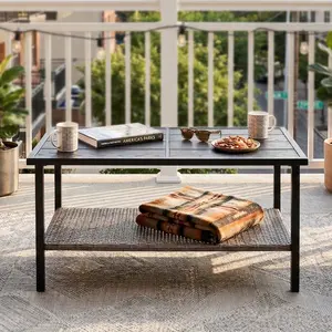 Mojave Dusk Patio Side Table/Coffee Table with Wood Grain Top and Wicker Shelf