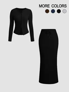 Two-piece Set Women's Solid Color Button Front   Top & Skirt, Elegant Fashion Casual Outfits for Daily Outdoor Wear, Women Clothing for Spring & Fall, Suits