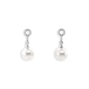 South Sea Pearl & Diamond Dangle Earrings – 18k White Gold