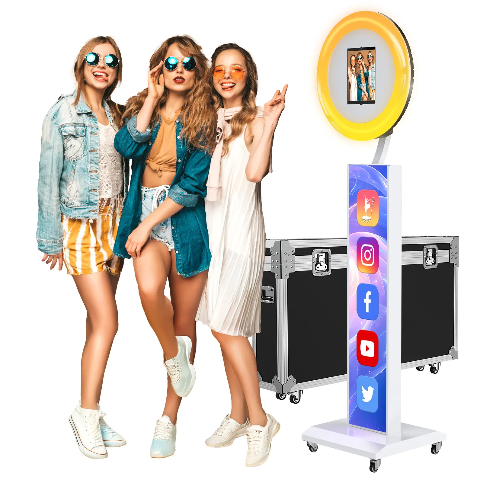OHYEAHSPIN Aluminium Adjustable iPad Photo Booth Machine Stand with RGB Music Sync Ring Light, Bluetooth, Remote, Accessories, App Control, Flight Case Box, Fits Most iPad Models for Weddings, Events