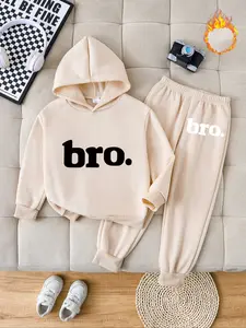 Kids Fleece Hoodie Set with Letter Print, Comfortable Joggers, Windproof Casual Wear for Fall & Winter, Boys' Fashion, Clothes Kids