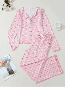 New Plaid Bow Print V Neck Long Sleeve Fitted Lady Women's Pajama Set Loungewear, Pajamas Lounge Set, Comfortable Fabric, Casual Daily Elegant Fashion Sleepwear
